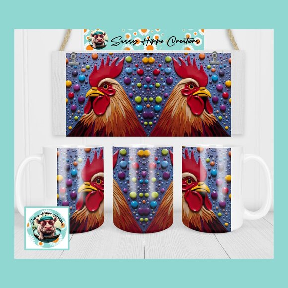 Ceramic Coffee Mug Rooster Chicken Pop Art Colorful Abstract 15oz Sublimated - Picture 1 of 4